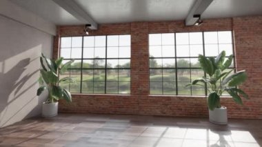 3D video görüntüsü, oturma odasının çağdaş iç tasarımı. Oturma odasının içi çok şık.