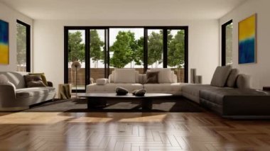 3d video rendering footage contemporary interior design of the living room. Stylish interior of the living room