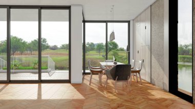 Büyük lüks, modern, parlak iç mekanlar. Oturma odası tasviri. 3D görüntüleme.