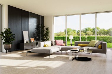 Büyük lüks, modern, parlak iç mekanlar. Oturma odası tasviri. 3D görüntüleme.