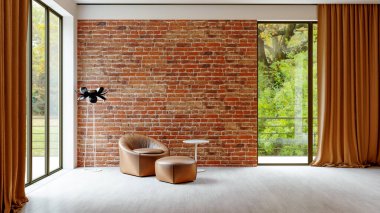 Büyük lüks, modern, parlak iç mekanlar. Oturma odası tasviri. 3D görüntüleme.