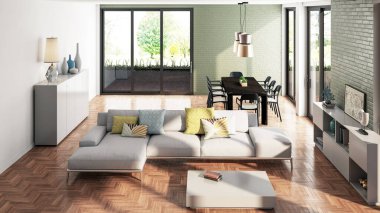 Büyük lüks, modern, parlak iç mekanlar. Oturma odası tasviri. 3D görüntüleme.