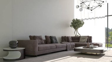 Büyük lüks, modern, parlak iç mekanlar. Oturma odası tasviri. 3D görüntüleme.