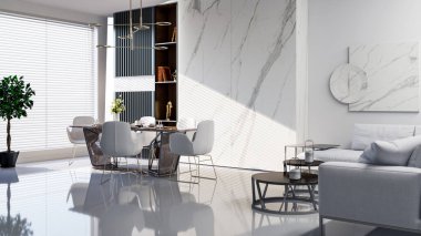 Büyük lüks, modern, parlak iç mekanlar. Oturma odası tasviri. 3D görüntüleme.