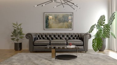 Büyük lüks, modern, parlak iç mekanlar. Oturma odası tasviri. 3D görüntüleme.