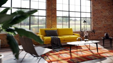 Büyük lüks, modern, parlak iç mekanlar. Oturma odası tasviri. 3D görüntüleme.