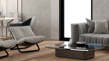 Büyük lüks, modern, parlak iç mekanlar. Oturma odası tasviri. 3D görüntüleme.