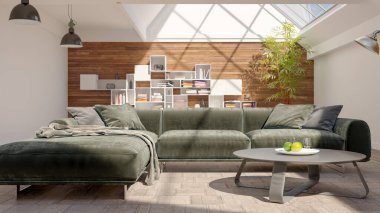 Büyük lüks, modern, parlak iç mekanlar. Oturma odası tasviri. 3D görüntüleme.