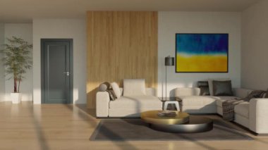3d video rendering footage contemporary interior design of the living room. Stylish interior of the living room