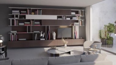 Görüntü 3D büyük lüks, modern, parlak iç mekânları dijital olarak oluşturulmuş oturma odası modelleme bilgisayarı.