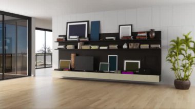 Görüntü 3D büyük lüks, modern, parlak iç mekânları dijital olarak oluşturulmuş oturma odası modelleme bilgisayarı.