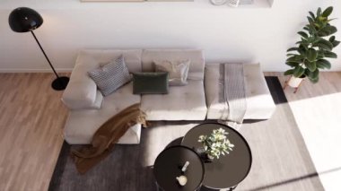 Görüntü 3D büyük lüks, modern, parlak iç mekânları dijital olarak oluşturulmuş oturma odası modelleme bilgisayarı.