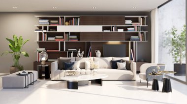 Büyük lüks, modern, parlak iç mekanlar. Oturma odası tasviri. 3D görüntüleme.