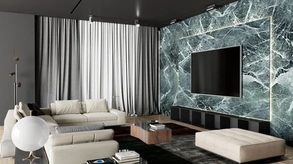 大型豪华的现代明亮室内装饰客厅模型图解3D渲染计算机生成的数字图像 — 图库照片