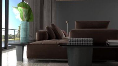 3D video görüntüsü, oturma odasının çağdaş iç tasarımı. Oturma odasının içi çok şık.