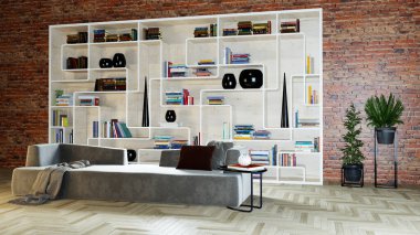 Büyük lüks, modern, parlak iç mekanlar. Oturma odası tasviri. 3D görüntüleme.