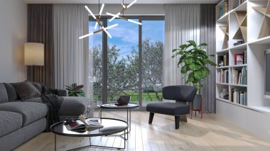 Büyük lüks, modern, parlak iç mekanlar. Oturma odası tasviri. 3D görüntüleme.