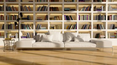 Büyük lüks, modern, parlak iç mekanlar. Oturma odası tasviri. 3D görüntüleme.