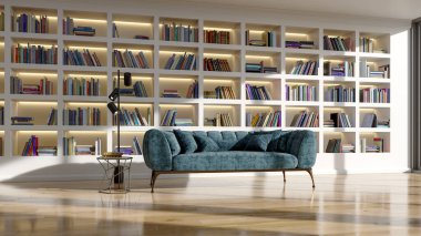 Büyük lüks, modern, parlak iç mekanlar. Oturma odası tasviri. 3D görüntüleme.