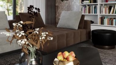 3d video rendering footage contemporary interior design of the living room. Stylish interior of the living room