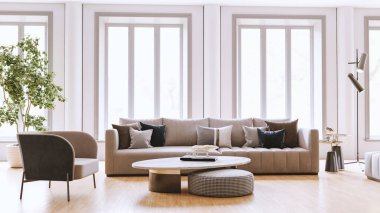 Büyük lüks, modern, parlak iç mekanlar. Oturma odası tasviri. 3D görüntüleme.