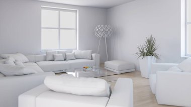 Büyük lüks, modern, parlak iç mekanlar. Oturma odası tasviri. 3D görüntüleme.