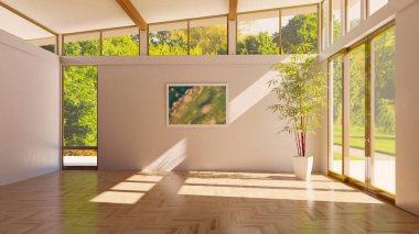 Büyük lüks, modern, parlak iç mekanlar. Oturma odası tasviri. 3D görüntüleme.