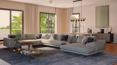 Büyük lüks, modern, parlak iç mekanlar. Oturma odası tasviri. 3D görüntüleme.