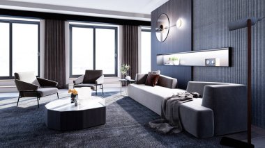 Büyük lüks, modern, parlak iç mekanlar. Oturma odası tasviri. 3D görüntüleme.