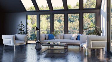 Büyük lüks, modern, parlak iç mekanlar. Oturma odası tasviri. 3D görüntüleme.