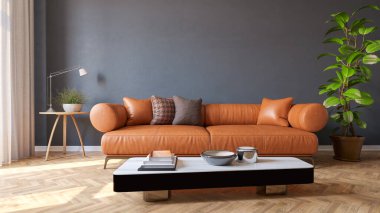 Büyük lüks, modern, parlak iç mekanlar. Oturma odası tasviri. 3D görüntüleme.