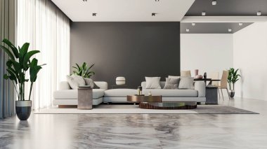 Büyük lüks, modern, parlak iç mekanlar. Oturma odası tasviri. 3D görüntüleme.