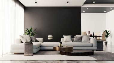 Büyük lüks, modern, parlak iç mekanlar. Oturma odası tasviri. 3D görüntüleme.