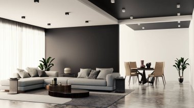 Büyük lüks, modern, parlak iç mekanlar. Oturma odası tasviri. 3D görüntüleme.