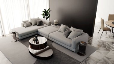 Büyük lüks, modern, parlak iç mekanlar. Oturma odası tasviri. 3D görüntüleme.