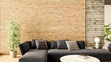 Büyük lüks, modern, parlak iç mekanlar. Oturma odası tasviri. 3D görüntüleme.