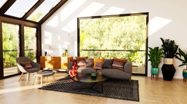 Büyük lüks, modern, parlak iç mekanlar. Oturma odası tasviri. 3D görüntüleme.