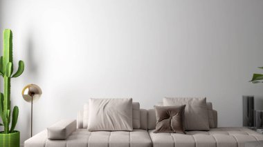 Büyük lüks, modern, parlak iç mekanlar. Oturma odası tasviri. 3D görüntüleme.