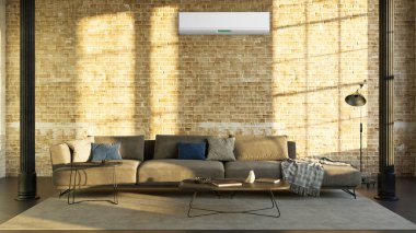 Büyük lüks, modern, aydınlık bir oturma odası. Klima modelleme çizimi 3D.