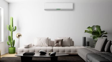 Büyük lüks, modern, aydınlık bir oturma odası. Klima modelleme çizimi 3D.