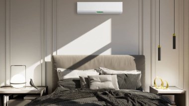 Büyük lüks, modern, aydınlık bir oturma odası. Klima modelleme çizimi 3D.