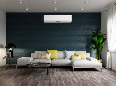 Büyük lüks, modern, aydınlık bir oturma odası. Klima modelleme çizimi 3D.