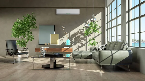 大型豪华的现代明亮室内客厅 装有空调模型插图3D渲染 — 图库照片