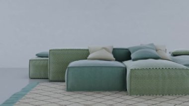 3D video görüntüsü, oturma odasının çağdaş iç tasarımı. Oturma odasının içi çok şık.