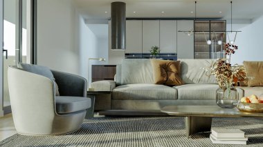 Büyük lüks, modern, parlak iç mekanlar. Oturma odası tasviri. 3D görüntüleme.