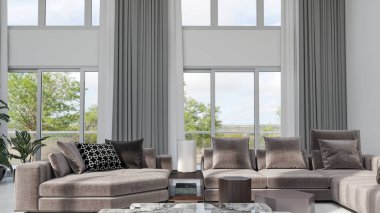 Büyük lüks, modern, parlak iç mekanlar. Oturma odası tasviri. 3D görüntüleme.