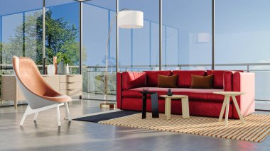 Büyük lüks, modern, parlak iç mekanlar. Oturma odası tasviri. 3D görüntüleme.