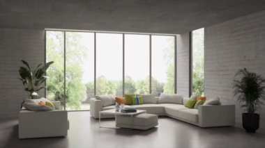 3d video rendering footage contemporary interior design of the living room. Stylish interior of the living room