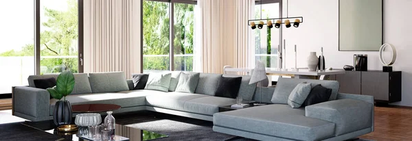 Große Luxus Moderne Helle Innenräume Wohnzimmer Mockup Illustration Banner Rendering — Stockfoto