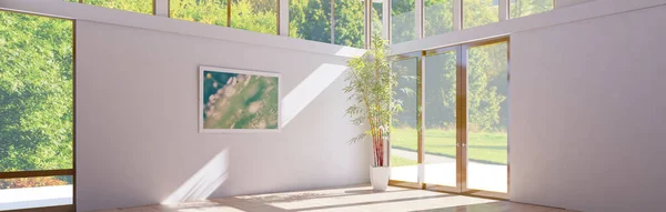 大型豪华现代明亮的室内客厅模拟插图横幅3D渲染计算机生成的数字图像 — 图库照片